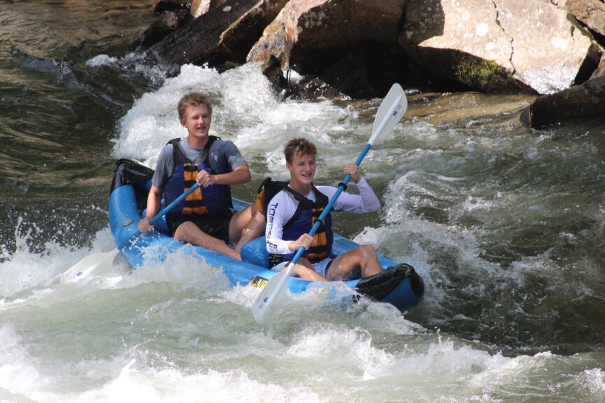 2 people paddling an inflatable kayak (ducky) on the Nantahala River