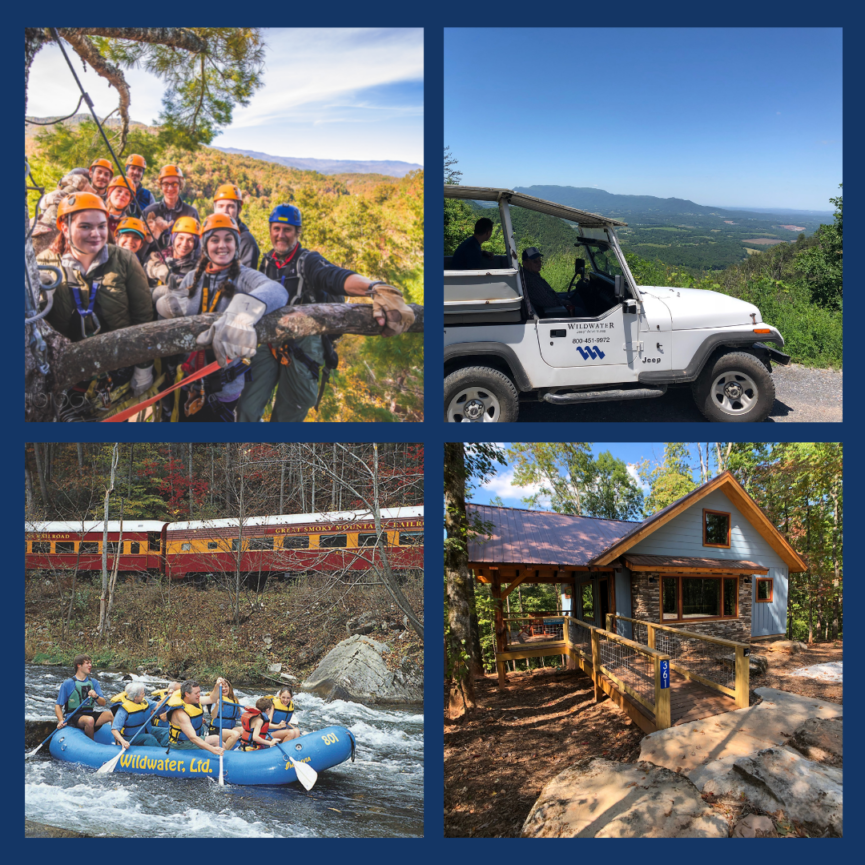 Collage that contains ziplining, jeep tours, raft and rail and lodging