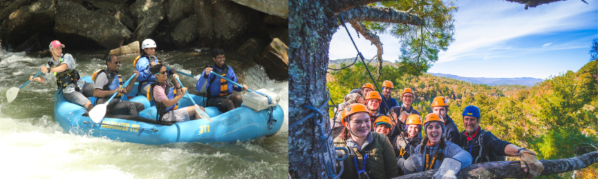 Collage of rafting and ziplining on the Nantahala River